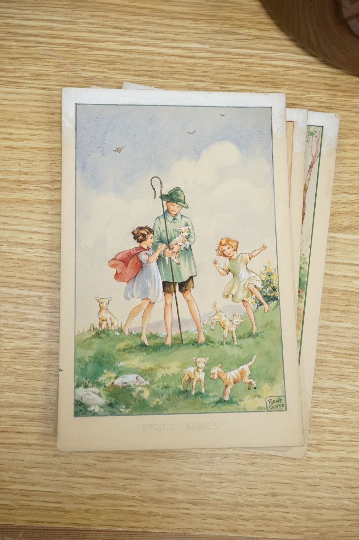 Rene Cloke (1904-1995), set of six original watercolours for children's postcard designs, Country Days to include Fog in the Valley, Spring Babies and Summer Noon, each signed, unframed, 21 x 13cm